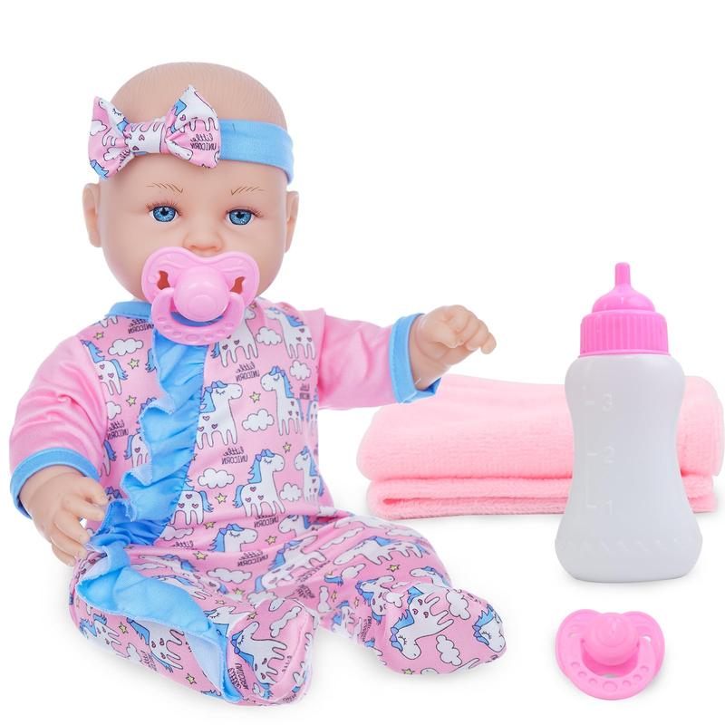 14 Inch Baby Doll with Clothes and Accessories, Including Reborn Alive Doll, Jumpsuit, Hat, Pacifier, Bottle, Towel for Toddlers Age 3+