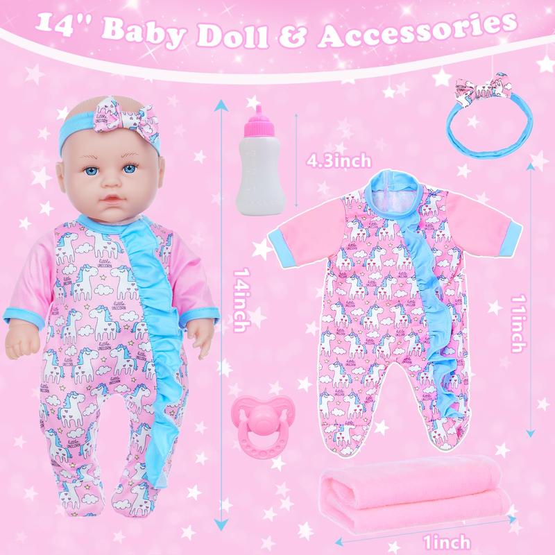 14 Inch Baby Doll with Clothes and Accessories, Including Reborn Alive Doll, Jumpsuit, Hat, Pacifier, Bottle, Towel for Toddlers Age 3+