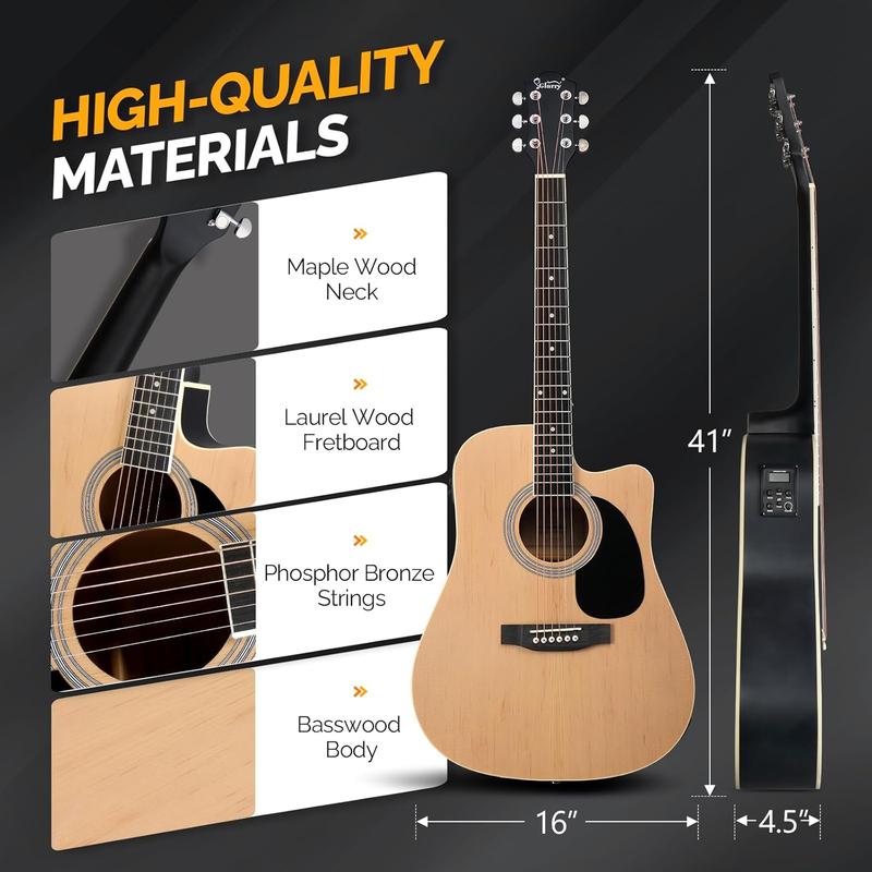 Full Size 6 Strings Acoustic Electric Guitar Beginner Kit w  15W Amp, Cutaway 41 Inch Electric Acoustic Guitar w Inbuilt Tuner, Bag, Strap, Picks, Strings, Basswood Guitarra, Matte Natural