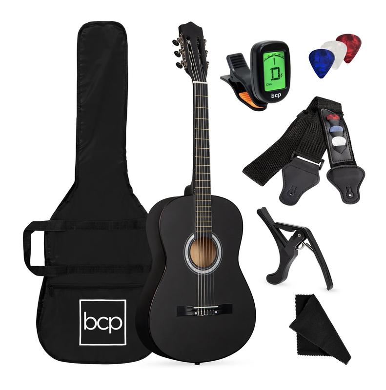 38in Beginner Acoustic Guitar Starter Kit w  Gig Bag, Strap, Strings - Matte Black