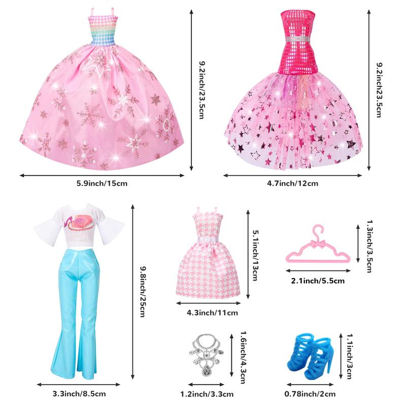 Random Doll Clothes & Accessories Set, 56pcs set Wedding Gowns & Dresses & Casual Outfit Top Pant & Swimsuit & Hanger, Colorful Doll Apparel for Gifts