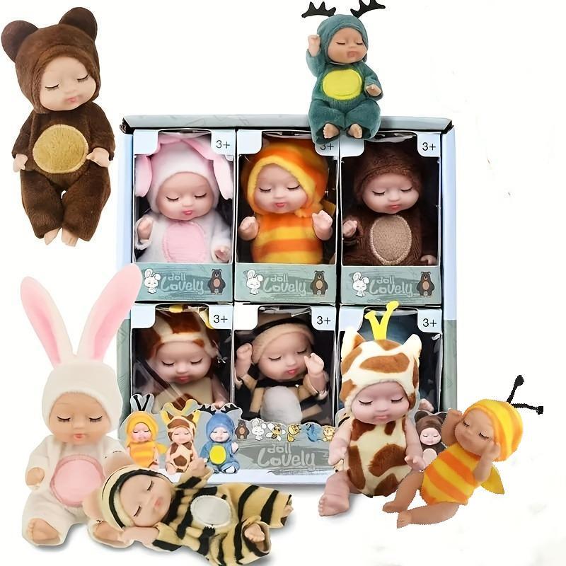 Christmas 6pcs set Mini Animal & Insect Shaped Cute Reborn Doll, Sleepy Doll, Children's Toy Gift Box