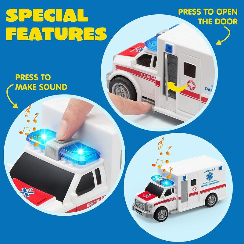  4 Packs Emergency Vehicle Toys with Light and Sound, Including Fire Truck, Ambulance Toy, Play Police Car and Toy Helicopter For Christmas New Year Gifts