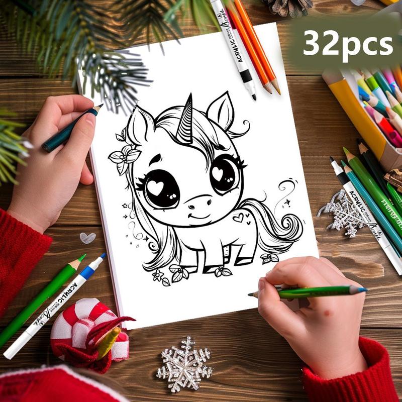 Unicorn Pattern DIY Painting Card, 32pcs set Cute Cartoon Pattern Coloring Card, DIY Painting Supplies for Birthday & Holiday Gift, Christmas Gift