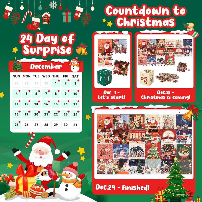 Advent Calendar 2024 Christmas Puzzles, Commodum 720 Pieces Puzzle 24 Days of Christmas Countdown Jigsaw Puzzles Family Calendar Gitfs for Kids Adults, Christmas Stocking Stuffer Home Decoration