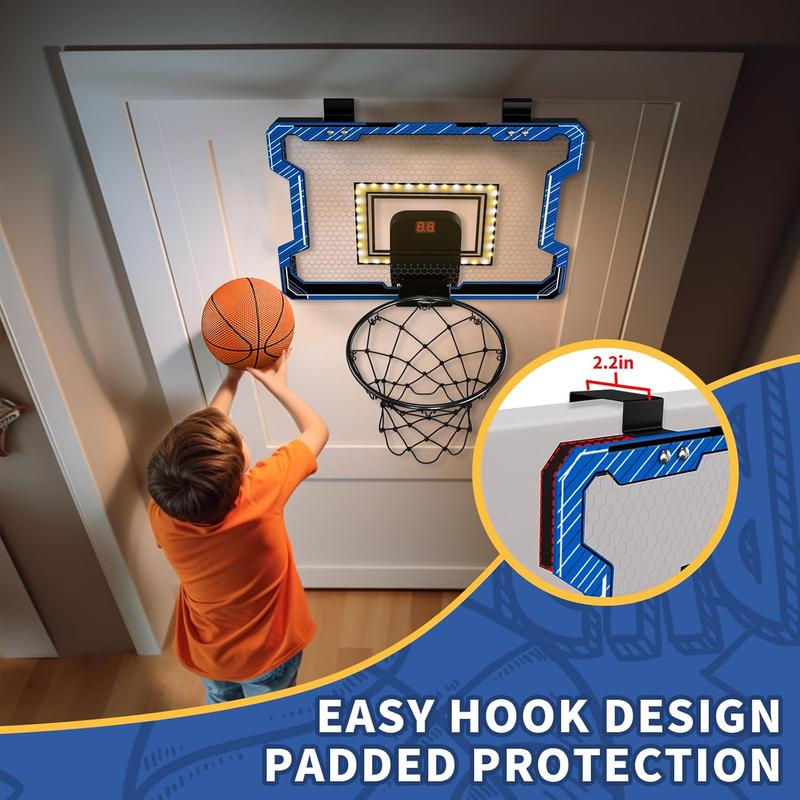 Mini Basketball Hoop Indoor with Scoreboard LED Light, Glow in The Dark Door Basketball Hoop, Basketball Toy Gifts for Kids Boys Girls Teens Adults, Suit for Bedroom Office Outdoor Pool, Blue