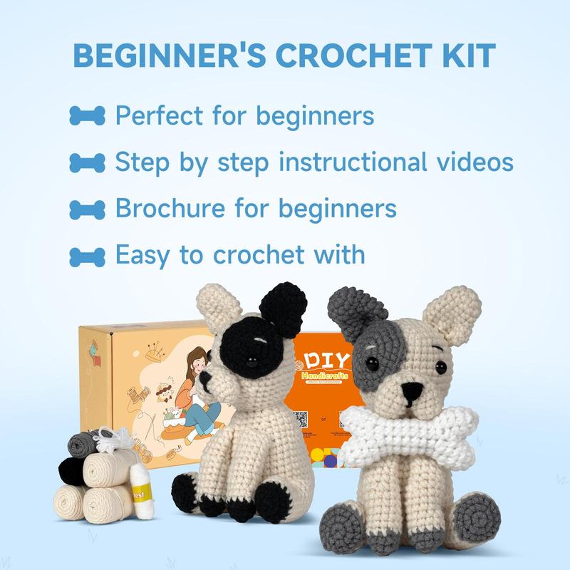 Dog Design Crochet Kit, 3 Counts sete Cute Dog & Bone Crochet Starter Kit with Step-by-step English Video Tutorials, DIY Handmade Lover Starter Kit