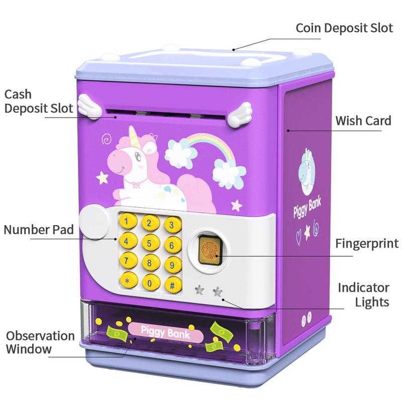 Mini Simulation Electronic ATM Machine, Piggy Bank Toy with Password & Fingerprint Unlocking, Money Saving Toy for Kids