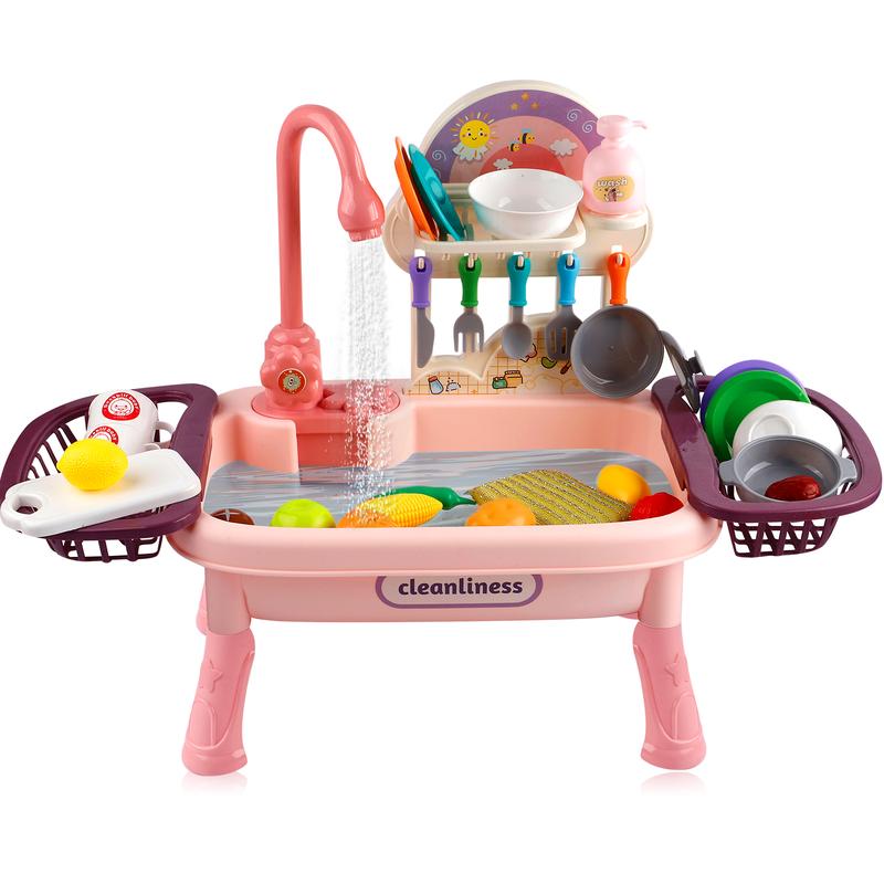 Play Kitchen Sink Toy Set with Running Water, Interactive Pretend Play Dishes, Realistic Role Play Kitchen Accessories, Toys for Kids