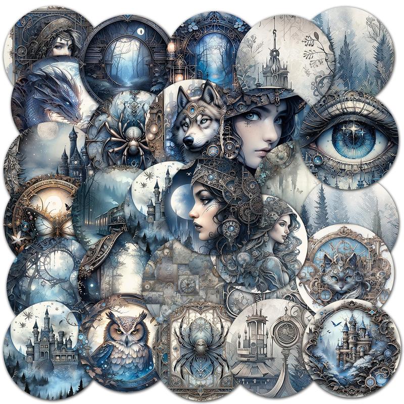 Fantasy Steampunk Theme Self Adhesive Sticker, 96pcs Round Scrapbooking & Journal Making Material Paper, Diy Decorative Sticker for Stationery Computer Water Bottle