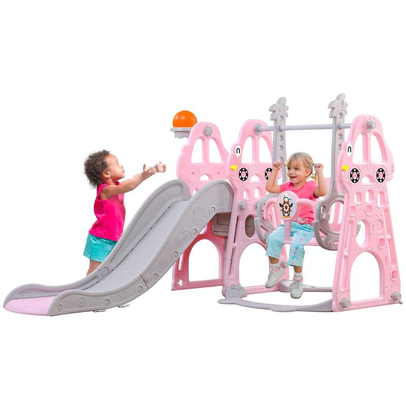 4-in-1 Toddler Slide and Swing Set with Extra Large Playground, Basketball Hoop & Climber, Indoor Outdoor Playset, Taxi Collection