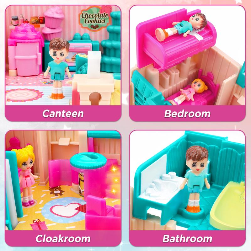 deAO Mini Doll House, Pocket World Dollhouse with Furniture and Accessories, Toys Houses Ice Cream Theme Dream House, Pretend Play House with 2 Dolls Toy Figures, Birthday Gift