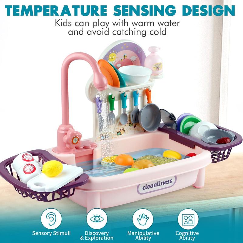 Play Kitchen Sink Toy Set with Running Water, Interactive Pretend Play Dishes, Realistic Role Play Kitchen Accessories, Toys for Kids