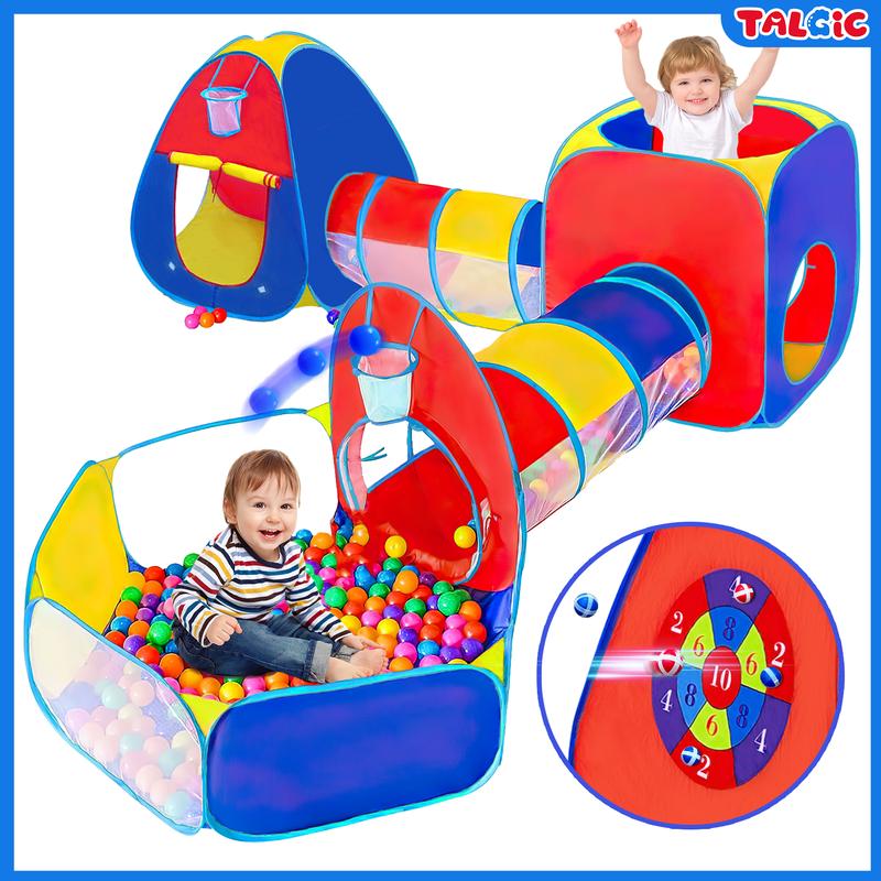 TALGIC 5pc Ball Pit, Play Tent and Tunnels for Kids, 1 Ball Pit, 2 Tents, 2 Crawl Tunnels, 2 Ball Hoop, Gift Target Game with 6 Dart Balls, Indoor & Outdoor Playhouse Bundle with Bag