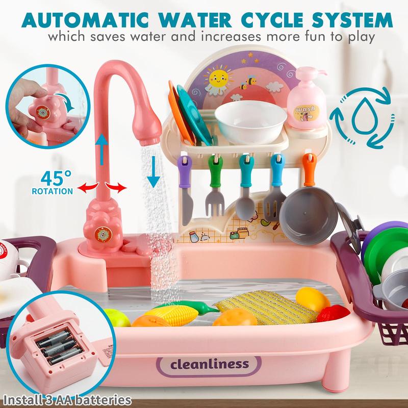 Play Kitchen Sink Toy Set with Running Water, Interactive Pretend Play Dishes, Realistic Role Play Kitchen Accessories, Toys for Kids