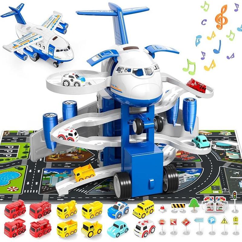 Transport Cargo Airplane Toys, Airplane Car Toy Play Set Includes Track, 12mini Play Vehicles, with Music and Light, which is Specially Designed Christmas Birthday Gift