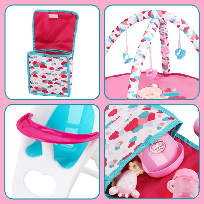 deAO Doll Stroller Set With Nursery Accessories - High Chair, Play Mat, Travel Bag and Feeding Toys for Role Play, Gift