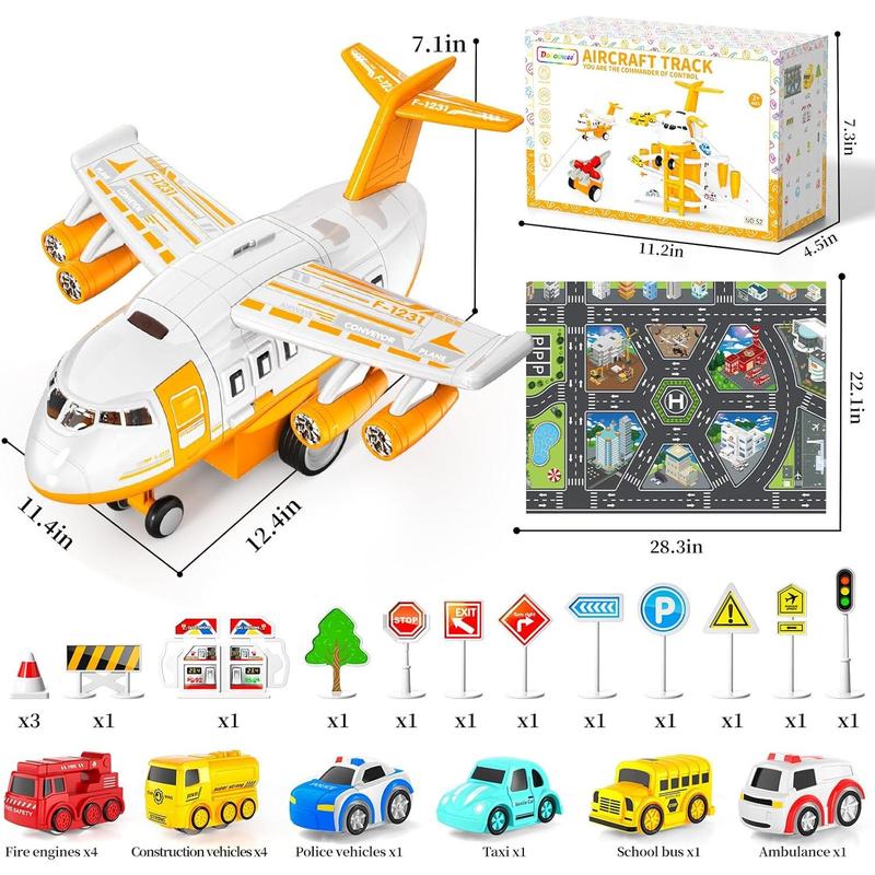 Transport Cargo Airplane Toys, Airplane Car Toy Play Set Includes Track, 12mini Play Vehicles, with Music and Light, which is Specially Designed Christmas Birthday Gift