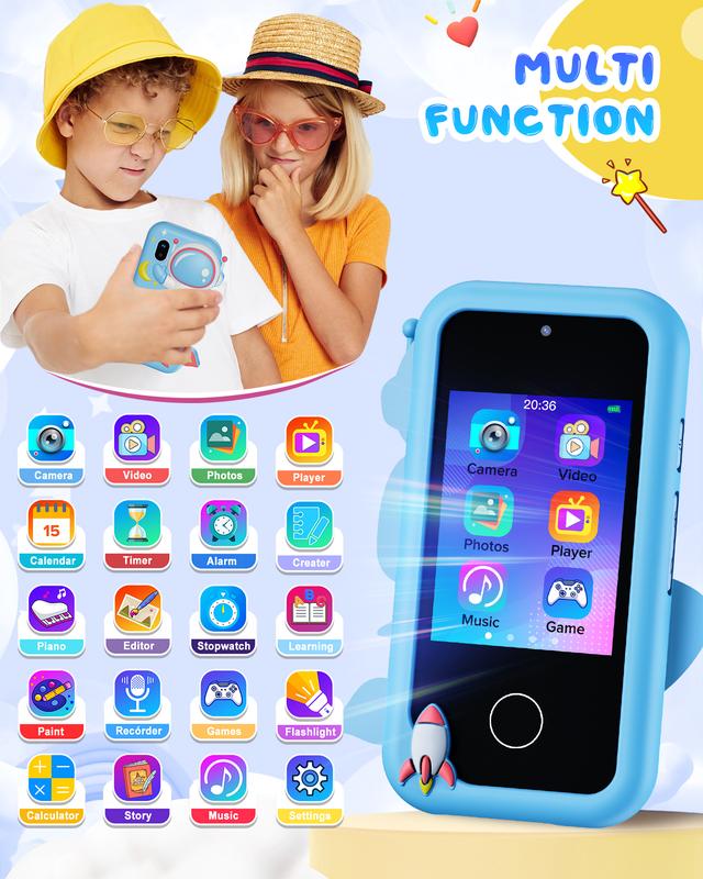 Upgraded Kids Smart Phone, Toddler Touchscreen Learning Toy for 3-8 Years Old Boys Girls, Fake Play Phone with Dual Camera Puzzle Games Music Player for Christmas Birthday Gifts,Blue