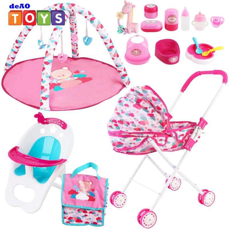 deAO Doll Stroller Set With Nursery Accessories - High Chair, Play Mat, Travel Bag and Feeding Toys for Role Play, Gift