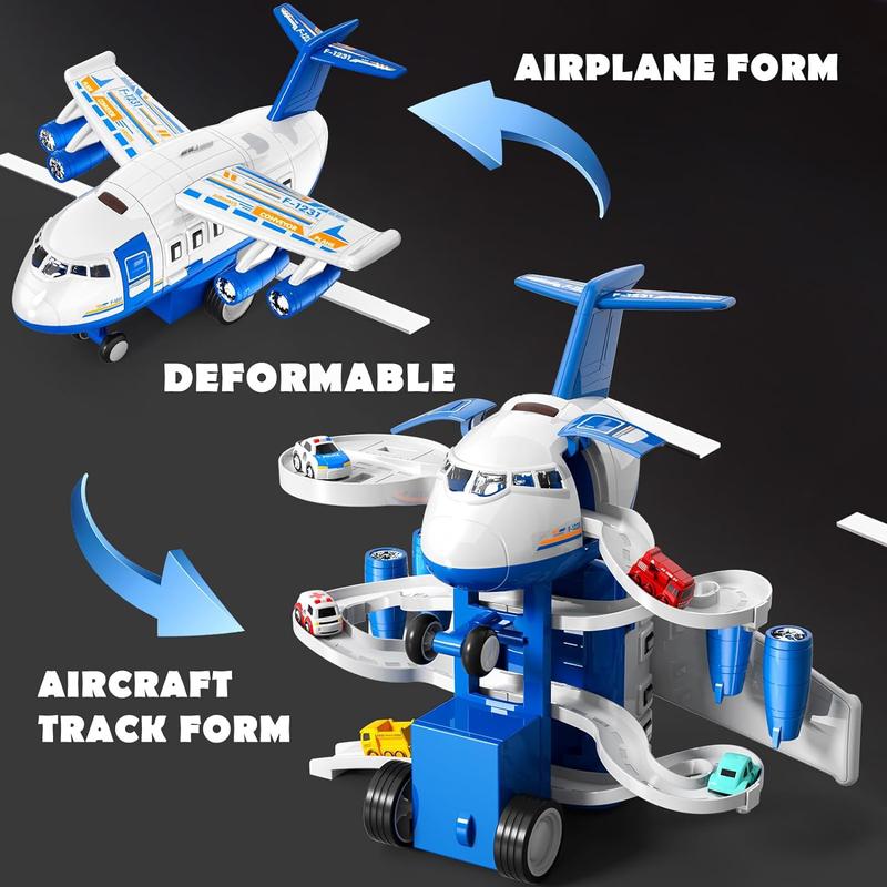 Transport Cargo Airplane Toys, Airplane Car Toy Play Set Includes Track, 12mini Play Vehicles, with Music and Light, which is Specially Designed Christmas Birthday Gift