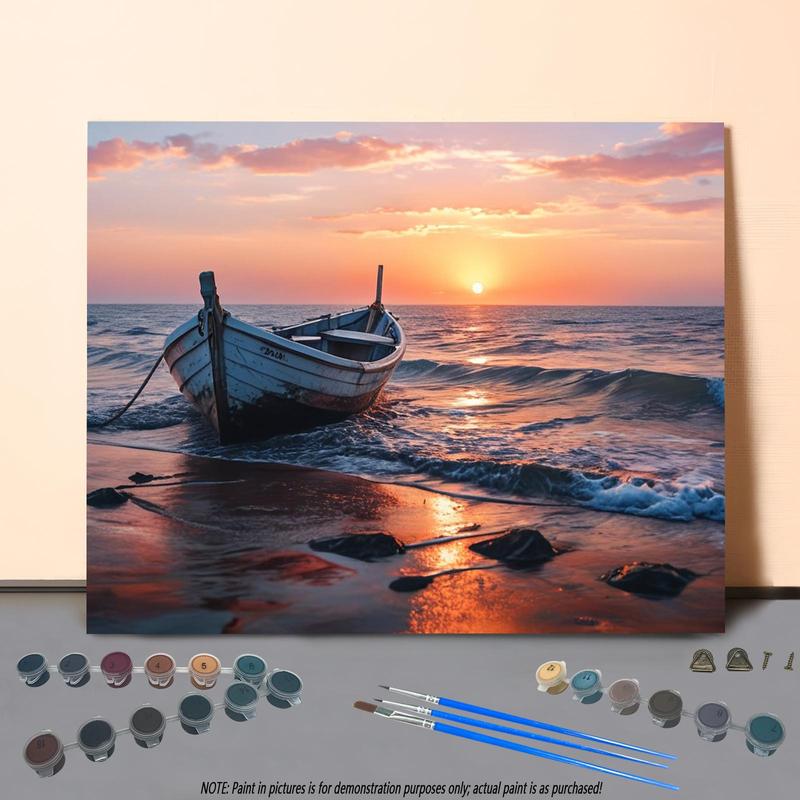 Boat on The Sea at Sunset Pattern DIY Painting by Numbers Kit, 1 Set DIY Paint by Numbers Kit without Frame, Wall Art Decor for Home Living Room Bedroom