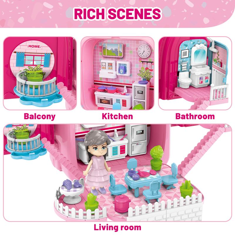 deAO 3-in-1 Kitchen Set,Pink Portable Doll House Pretend Play Food Backpack with Accessories, Great Gift Perfect for Christmas, Birthdays