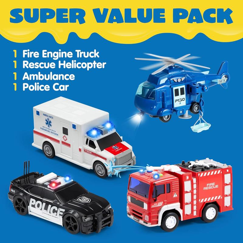  4 Packs Emergency Vehicle Toys with Light and Sound, Including Fire Truck, Ambulance Toy, Play Police Car and Toy Helicopter For Christmas New Year Gifts