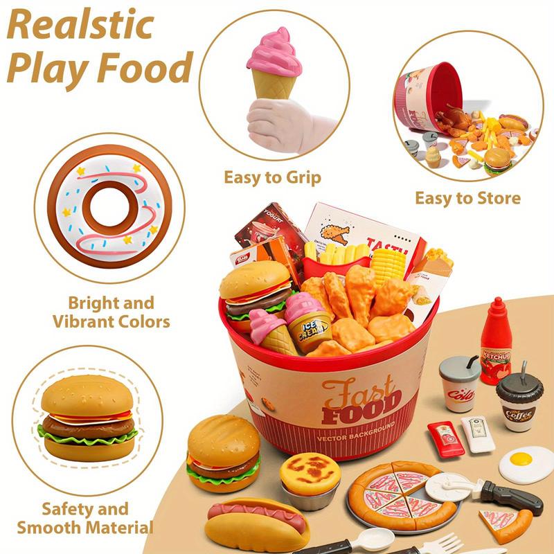 80 Pcs Simulated Food Toy Set, Fast Food Set With Storage Bucket, Food Set Such As Burgers, Pizza, Ice Cream, Play House Toy Set, Ideal For Halloween And Christmas