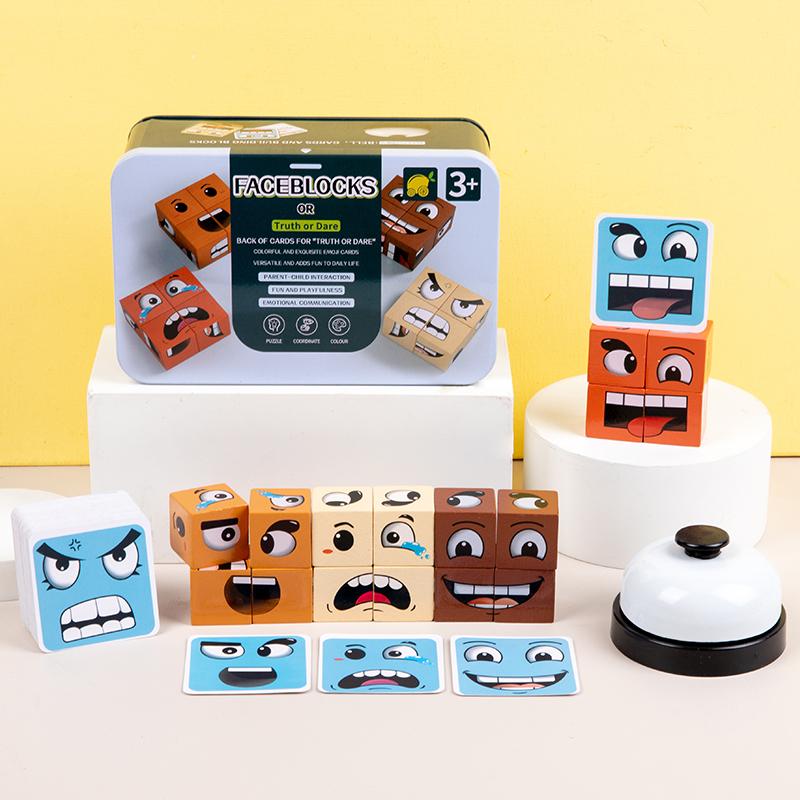 Face Change Cube Game, Wonderful Face Blocks Wooden Face Changing Magic Cube Game with Bell Mini Expression Puzzle Building Blocks Game Kids Toy Boys Girl