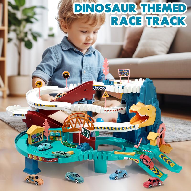 Dinosaur Race Track Playset Toys for Kids With 10Mini Car Ramp Track Adventure Car Garage Parking Toy