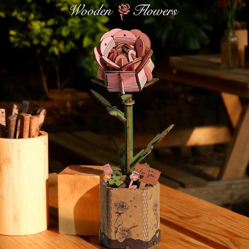 Robotime Wowood 3D Flower Wooden Puzzles for Adults-Pink Rose, DIY Wooden Flowers Model Kit Building Set Crafts for Adults to Build, Botanical Collection Ideal Creative Gift Ideas Housewarming (104PCS) TW-041 Pink Rose