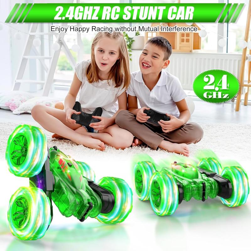 Remote Control Car-Rechargeable Fast Direct Charging RC Cars For Kids with Colorful Light,Double-Sided 360 Rotating RC Stunt Car 4WD RC Truck Car Toys for Ages 5-7 Gift for Boys Girls Aged 8-12 Green