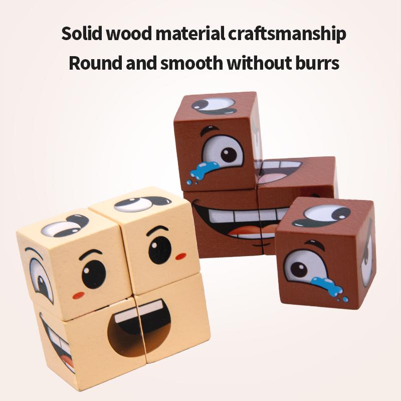 Face Change Cube Game, Wonderful Face Blocks Wooden Face Changing Magic Cube Game with Bell Mini Expression Puzzle Building Blocks Game Kids Toy Boys Girl