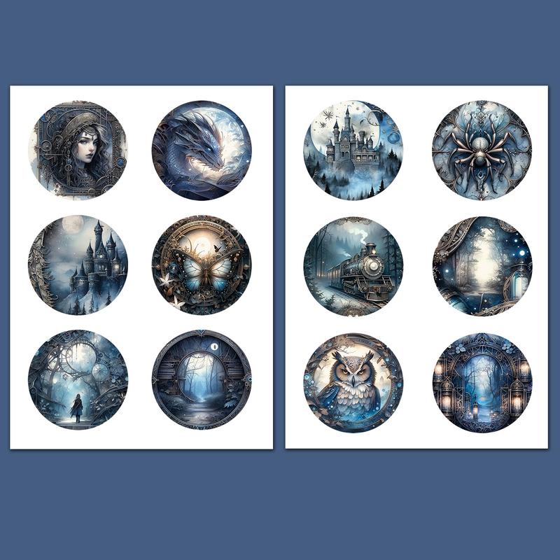 Fantasy Steampunk Theme Self Adhesive Sticker, 96pcs Round Scrapbooking & Journal Making Material Paper, Diy Decorative Sticker for Stationery Computer Water Bottle