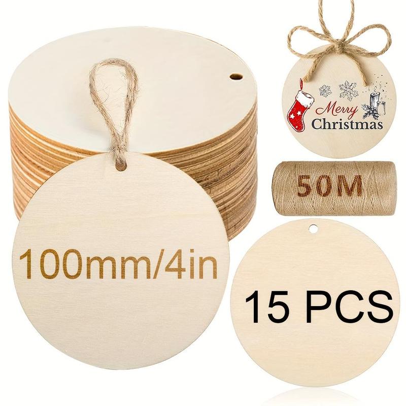 4 Inch Round Wooden Circle with Hole, 15 25 50pcs DIY Decorative Wooden Tag with 50M Hemp Rope, Wooden Circle for DIY Decoration