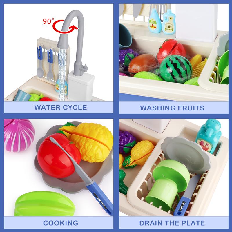 Play Sink with Running Water, Kitchen Sink Toys with Upgraded Electric Faucet, Play Kitchen Toy Accessories, Pool Floating Fishing Toys for Water Play, Play Dishwasher Toy