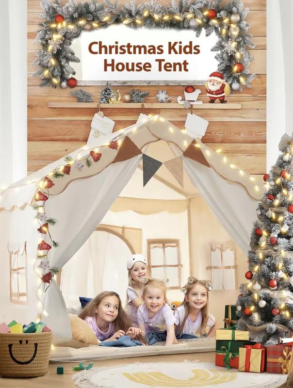 besrey Kids Tent, Kids Playhouse 2 in 1 with Padded Mat and Lights, Large Play House with 2 Doors & 4 Windows, Kids Play Tent Indoor & Outdoor, Christmas Toddler Tent for Kids, 51