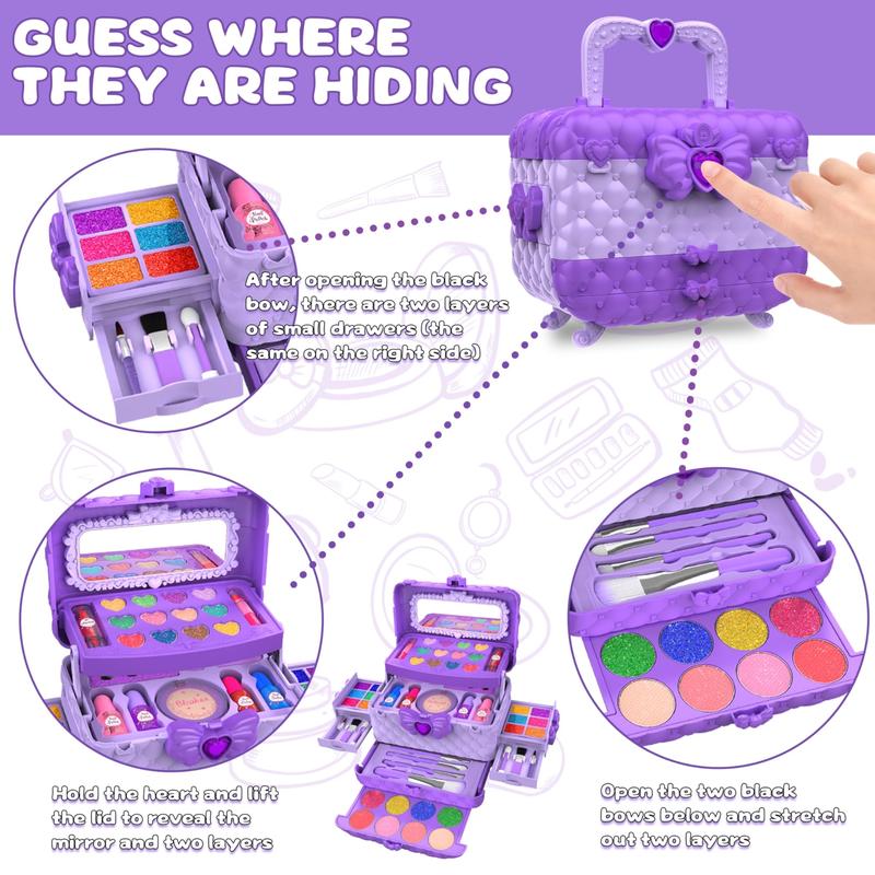 54 Pack Kids Makeup Kit for Girls, Princess Real Pretend Play Cosmetic Set Toys with Mirror, Birthday Gifts for 4 5 6 7 8 9 10 Years Old Girls Kids (Purple)