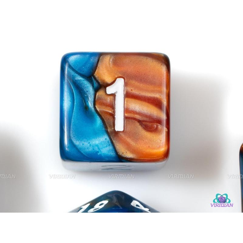 Sea Dragon | Orange & Blue Swirl Acrylic Dice Set (7) | Dungeons and Dragons (DnD)