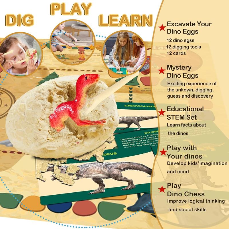 Dinosaur Eggs Dig Kit Toys - 12 Dino Fossil Eggs Excavation Kit w Play Mat for Kids Easter Party Favor Basket Stuffers STEM Toy Christmas Birthday Gift for Boys Girls Age  4 5 6 7 8 9 10 11 12 + Years Old