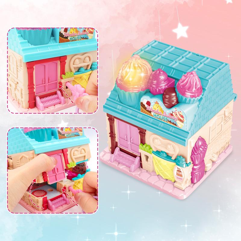 deAO Mini Doll House, Pocket World Dollhouse with Furniture and Accessories, Toys Houses Ice Cream Theme Dream House, Pretend Play House with 2 Dolls Toy Figures, Birthday Gift