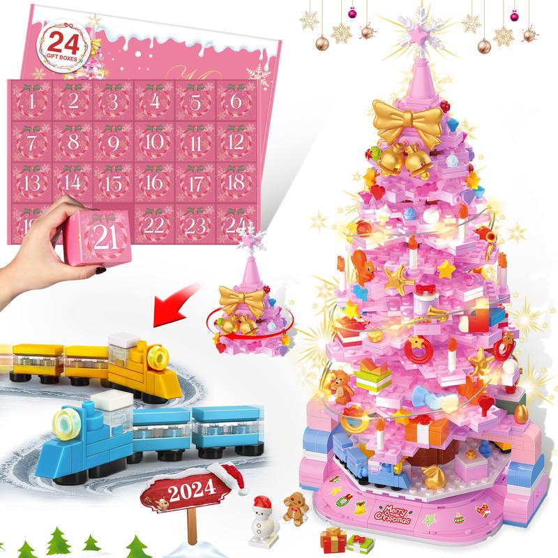 2024 Advent Calendar Christmas Tree Building Block Set,24 Days DIY Surprise Christmas Countdown Mini Building Block Architecture,Home Decor Christmas Gifts,Pink and Green,For aged 12 and above,Stress Relief Toy,1188 Pieces toy  brick