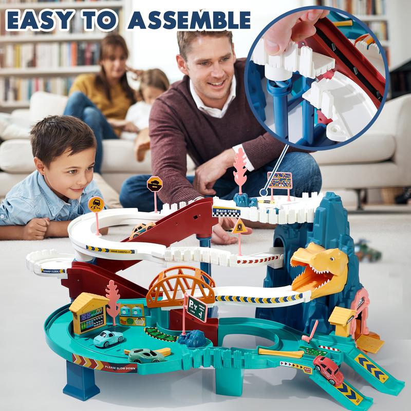 Dinosaur Race Track Playset Toys for Kids With 10Mini Car Ramp Track Adventure Car Garage Parking Toy