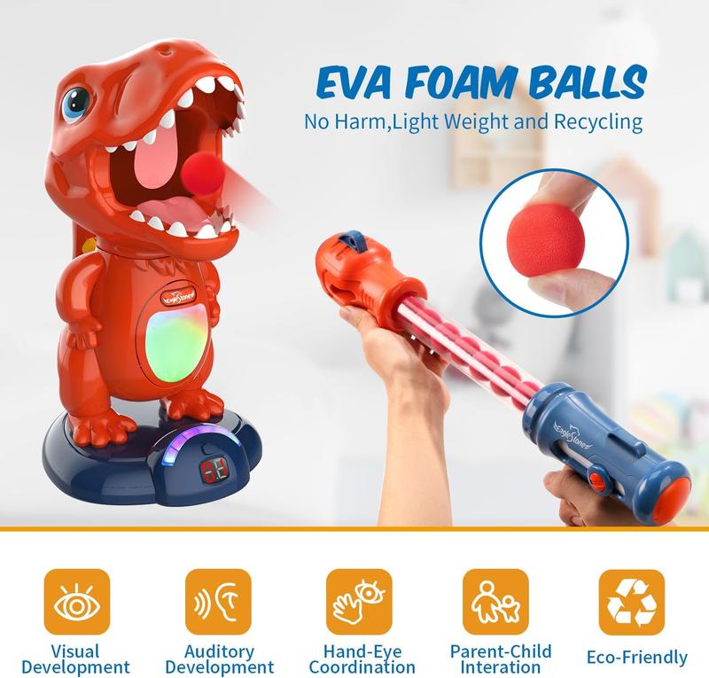 Movable DinosaurToy Set with 2 Air Pump , LED & Sound Effects, Score Record, 48 Foam Balls, Electronic Target Practice Game