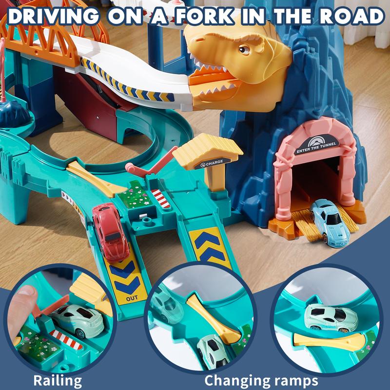 Dinosaur Race Track Playset Toys for Kids With 10Mini Car Ramp Track Adventure Car Garage Parking Toy