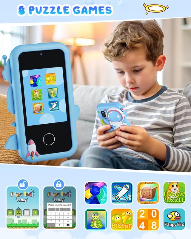 Upgraded Kids Smart Phone, Toddler Touchscreen Learning Toy for 3-8 Years Old Boys Girls, Fake Play Phone with Dual Camera Puzzle Games Music Player for Christmas Birthday Gifts,Blue