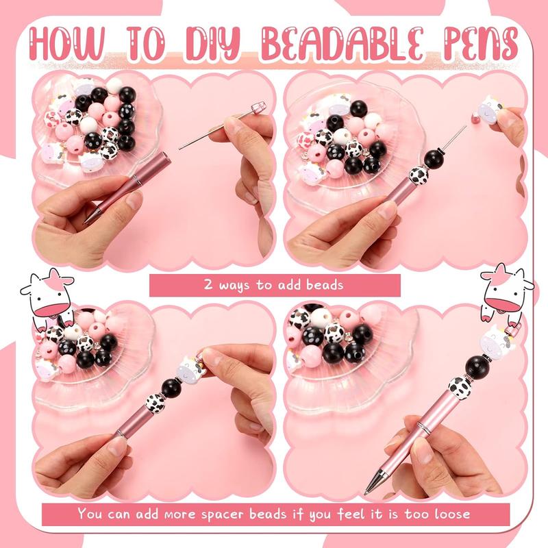 Cow Design Beading Pen Set, 80pcs set DIY Beading Pen Set, Including 8 Counts Beading Pen & 42pcs Wooden Beading & 30pcs Crystal Beading