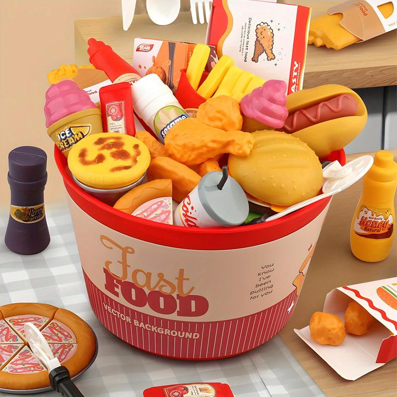 80 Pcs Simulated Food Toy Set, Fast Food Set With Storage Bucket, Food Set Such As Burgers, Pizza, Ice Cream, Play House Toy Set, Ideal For Halloween And Christmas