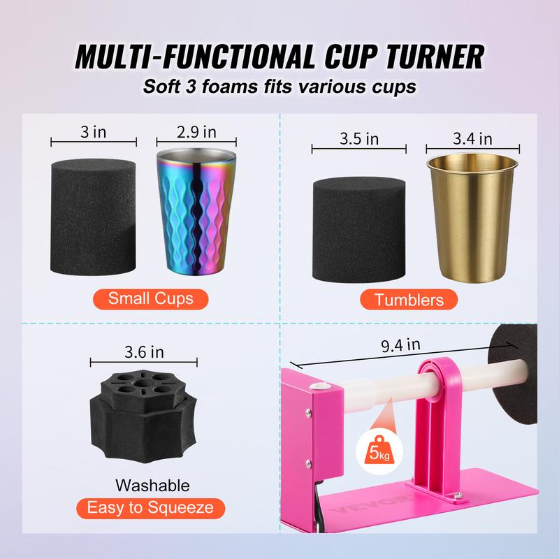 VEVOR Cup Turner for Crafts Tumbler, Tumbler Turner DIY Glitter Epoxy Resin Tumblers, Epoxy Pen Turner Attachment with Silent Motor Two-way Rotation Silicone Pad, Cup Spinner Tested to UL Standards